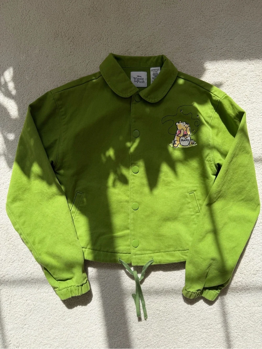 Disney Winnie The Pooh Cropped Denim Jacket Embroidered Hunny Bear Size XS Rare - Picture 3 of 10